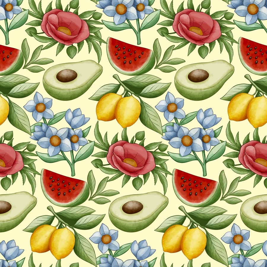 手绘水粉水果植物花朵树叶元素无缝背景图片插画AI矢量设计素材【014】
